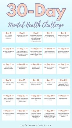 Discover simple ways to de-stress and uplift your spirits every day. Join our easy and transformative 30-day mental health challenge now. May 30 Day Challenge, 30 Day Mindfulness Challenge, 30 Days Mental Health Challenge, Mental Toughness Challenge, 30 Day Challenge Lifestyle, 30 Day Mental Health Challenge