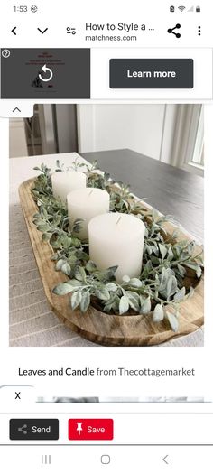 candles and greenery on a wooden tray with text overlaying how to style a