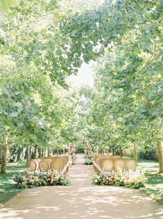 an outdoor ceremony set up with chairs and flowers on the aisle, surrounded by trees