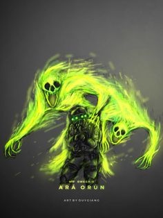 an image of a man with neon green hair and two skulls on his back, in front of a black background