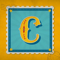 the letter c is made up of small stars and dots on a blue background with yellow border