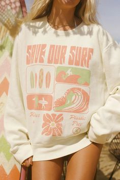 Ride the wave of sustainability with our new Save our Surf Crewneck. Created in collaboration with Save our Surf, each crewneck purchase removes 1lb of plastic from the ocean. Not only were the graphics designed to promote sustainability, but the Save our Surf Crewneck is made from organic cotton and recycled plastic water bottles, so you can feel cozy knowing you’re truly making a splash for cleaner oceans. Surf Merch, Surf Fits, Surf Aesthetic Outfit, Surf Crewneck, Surfing Fashion, Club Poses, Surfboard Brands, Vintage Surfwear, Chloe Brand