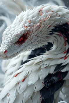 a white and black dragon with red eyes