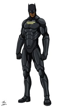 a batman standing with his hands on his hips and wearing a black suit, which has gold