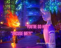 two cartoon characters are facing each other in front of a cityscape with the words you're so hot because me?