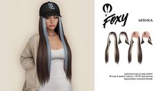 an ad for foxy wigs with long hair and baseball cap on the head