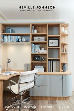 a home office with shelving units and bookshelves on the wall, along with a white chair