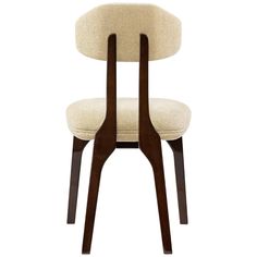 an upholstered chair with two wooden legs and a beige fabric seat pad on the back