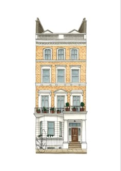 Watercolour painting of beige bricks Georgian British  house, London London House Drawing, Brick House Drawing, Thibaud Herem, Facade Drawing, Georgian Houses, House Drawings, Classic Facade, Watercolor House Painting, Pop Art Artists