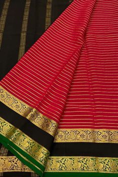 Stunning Red & Black Mysore Crepe Silk Saree