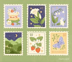 four stamps with flowers and butterflies on them