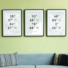 three framed pictures hang on the wall above a couch in a living room with green walls