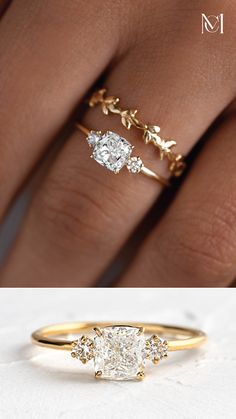 three different types of engagement rings in gold and silver, one with a diamond on the side