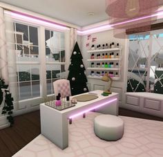 a room filled with lots of white furniture and christmas tree in the window sill