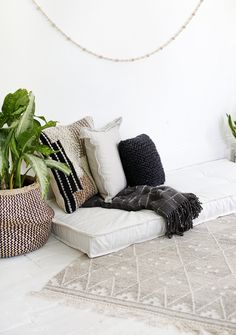 a white couch sitting next to a potted plant on top of a rug in a living room