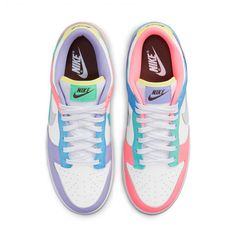 This Nike Dunk Low "Easter" is dressed in a Green Glow, Sunset Pulse, and White color hue. It features White leather across the base while various pastel shades land on the overlays. At the bottom, each is completed by a white midsole and a yellow outsole with red and blue flecked detailing. SKU: DD1872-100 Release Date: Spring 2021 Color: White/Green Glow-Sunset Pulse Nike Dunk Low Easter, Preppy Shoes, Nike Models, Womens Air Jordans, Cute Nike Shoes, Nike Brand, Easter Candy, Cute Nikes, Swag Shoes