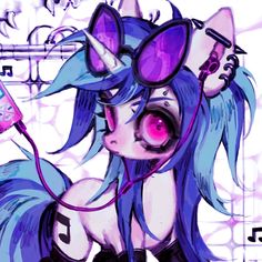 a drawing of a girl with blue hair and purple glasses holding a cell phone in her hand