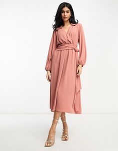 Dress by ASOS DESIGN The kind of dress that deserves attention Spread collar Wrap front Volume sleeves Tie waist Regular fit Glitter Outfits, Color Terracota, Maxi Design, Volume Sleeves, Pink Midi Dress, Dress With Tie, Long Sleeve Midi, Long Sleeve Midi Dress, Maxi Dress With Sleeves