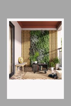 a living room with plants on the wall