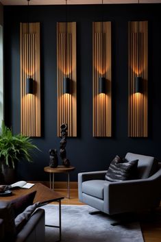 a living room with black walls and wooden paneled panels on the wall, along with two gray couches