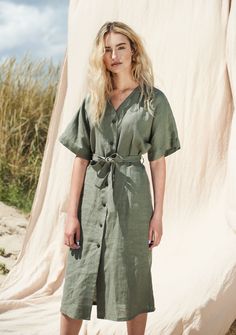 Linen button front dress with kimono sleeves Harper 2 Linen Button Down Dress, Summer Dress Linen, Dress With Kimono, Linen Summer Dress, Linen Summer, Summer Linen Dresses, Linen Midi Dress, Dress For Woman, Dress Linen