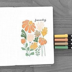 May Bujo Spread, Flower Bujo, Bujo Flowers, Journal Month Page May, January Bujo Cover, Bujo Cover Page, Bujo Cover Page Ideas, May Bujo