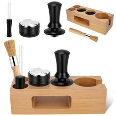 an assortment of kitchen utensils in a wooden holder