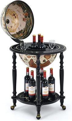 a wine rack with bottles on it and a globe in the backgroung