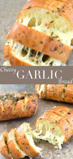 garlic bread is cut in half and placed on top of each other with the words cheesy garlic bread