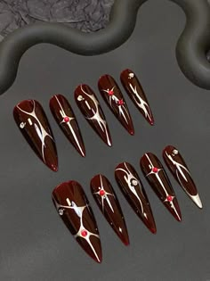 Red Nail Art Designs Nailart, New Years Nails Red, Red Gothic Nails, Dark Red Nails Design, Chrome Nails Dark, Dark Nail Art Designs, Red New Years Nails, Dark Red Nails With Design, Dark Red Nail Designs