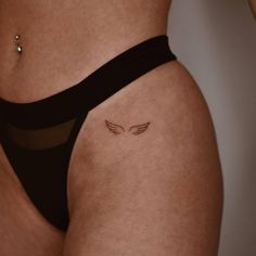 pinterest: hezzprice Angel Hip Tattoo, Abstract Tattoo Designs Minimalist, Fine Line Angel Wings Tattoo, Freedom Tattoo Ideas, Small Angel Tattoo, Small Angel Wing Tattoo, Surface Pressure, Empowering Tattoos, Freedom Tattoos