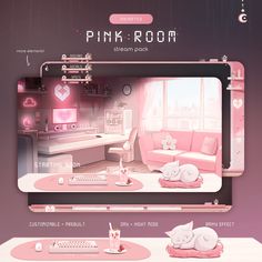 a pink room with cats sleeping on the floor and in front of it is a computer monitor