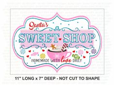 the sweet shop logo is shown in pink and white, with candy canes on it