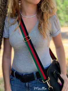 A simple and contemporary blend of 3 colors: black, red, green. Carry your bag in style with this chic design. Custom Strap, Green Purse, Red Stripe, Green Stripes, Chic Design, Bag Straps, Black Stripes