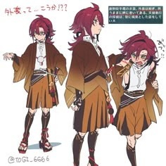 an anime character with red hair and brown clothes