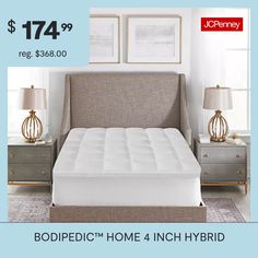 Experience soft fiber and supportive memory foam in one product with this 4-Inch Hybrid Mattress Topper from BodiPEDIC Home. The luxury baffle box fabric cover features a layer of plush gel fiber and a stretch-to-fit bed skirt that fits mattresses up to 18-inches deep. Also included with this hybrid topper is a 2-inch convoluted AeroFusion memory foam slab to offer additional support for ultimate comfort. The odor free memory foam meets CertiPUR-US standards for content, emissions, and durabili… Mattress Toppers, Hybrid Mattress, Bed Skirt, Mattress Topper, Fabric Covered, Memory Foam, Mattress, 4 Inch, Color White