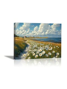 a painting of daisies on the beach with clouds in the sky and water behind it