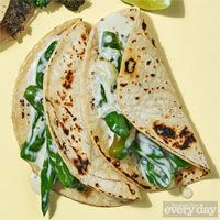 three tortillas with green peppers and cheese on them next to broccoli