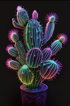 a neon cactus in a pot on a black background