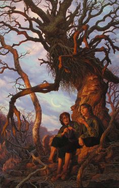 a painting of two people sitting on the ground next to a tree with no leaves