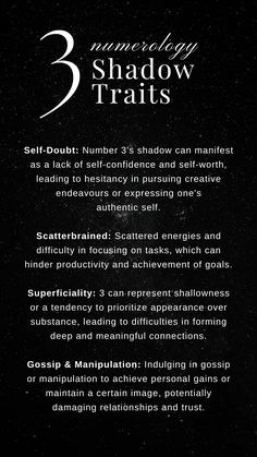 While Number 3 in numerology radiates creativity, joy, and communication, it also has its shadow aspects. The shadow side of Number 3 may reveal tendencies toward scattered energy, superficiality, gossip, and self-doubt. By recognizing and addressing these traits, we can harness the power of authentic expression and creative potential. #Numerology #Number3 #ShadowTraits #SelfAwareness Universe Signs, Life Number, Shadow Side, Lack Of Self Confidence, Expression Number