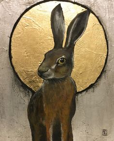 a painting of a brown rabbit sitting in front of a gold circle