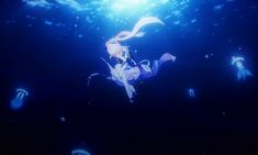 two anime characters are floating in the water