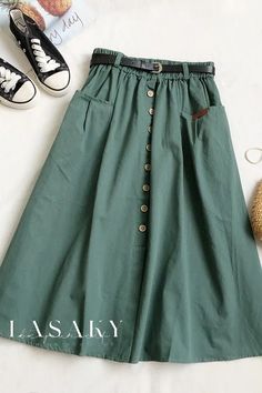 Lasaky - Casual Half-Length A-Line Skirt in Cotton with Pocket and Single-Breasted Closure Women Skirt, Long Skirts For Women, Korean Casual, Half Skirt, Mid Length Skirts, Skirt Women, Pocket Belt, Green And Khaki, Dresses For Teens