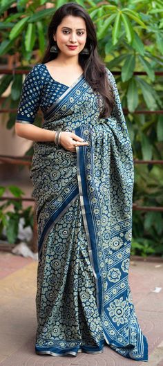 Elegant Blue Cotton Silk Blouse Piece, Fitted Blue Saree With Printed Motifs, Blue Blouse With Printed Motifs, Unstitched Blue Saree With Printed Motifs, Blue Bandhani Print Chanderi Blouse Piece, Blue Chanderi Blouse Piece With Bandhani Print, Blue Silk Blouse Piece With Printed Motifs, Festive Blue Cotton Saree, Blue Silk Saree With Printed Motifs