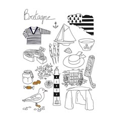 a black and white drawing of various items on a white background with the words breagane