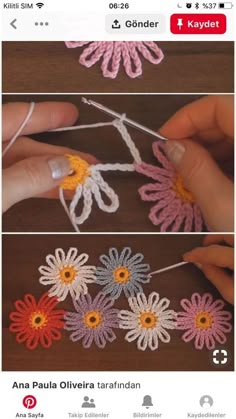 crochet flowers are being worked on by someone using the same thread as they do