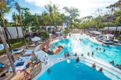 people are swimming in an outdoor pool surrounded by palm trees