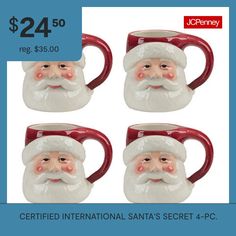 four ceramic santa's mugs for $ 24 50 are on sale at jchenney com