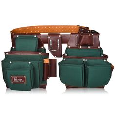 four pieces of green and brown leather with two pockets on each side, one has a belt